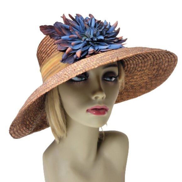 Brown Wide Brim Hat Light Braided Hat With Large Blue Flower Accent NEW! - Picture 2 of 11